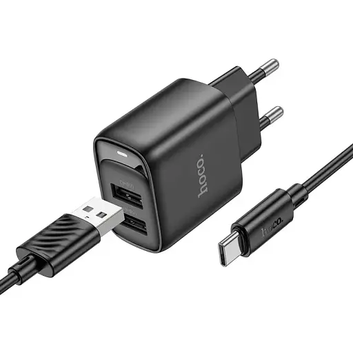 Мережевий зарядний пристрій з кабелем Hoco C141A Smart dual-port charger set(Type-C) чорний - фото 1