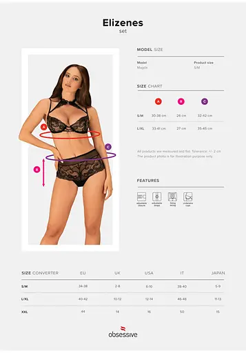 Комплект сексуальної білизни Obsessive Elizenes S/M чорний - фото 7
