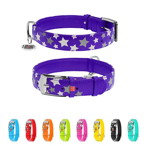 Нашийник для собак шкіряний Waudog Glamour з QR-паспортом візерунок "Зірочка" світлонакопичувальний/світловідбивний XL Ш 35 - фото 2