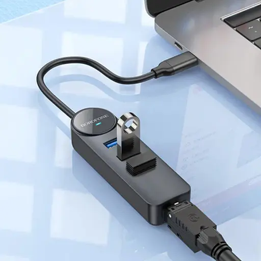 Перехідник Borofone DH6 Erudite 4in1 Gigabit Ethernet (Type-C to USB3.0*3+RJ45) (0.2m) Black - фото 4