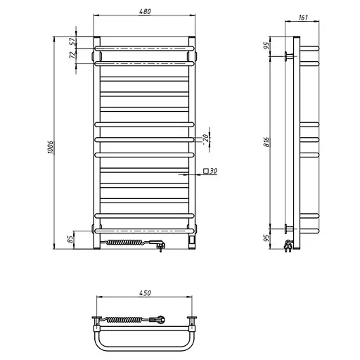 Электрический полотенцесушитель Navin Грандис 480x1000 Sensor левостороннее с таймером, черный муар 12-028053-3680, Черный матовый, Левое, Электронный - фото 6