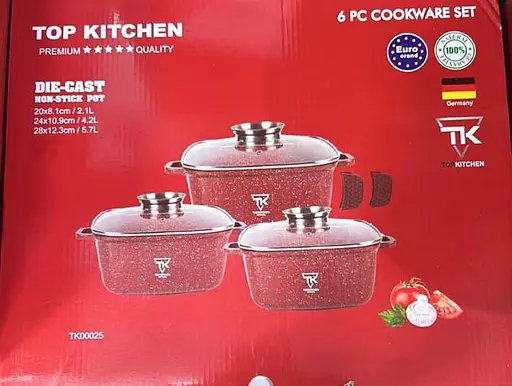 Набор квадратных кастрюль Top Kitchen TK00025 с мраморным покрытием 6 предметов Красный - фото 5