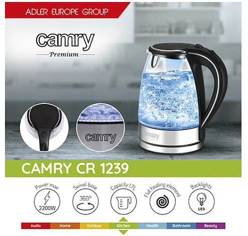 Чайник стеклянный 1,7 л Camry CR 1239 - фото 6