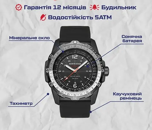Часы мужские наручные North Edge Evoque (Черные) - фото 6