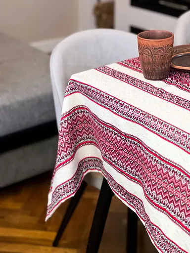 Лляна скатертина різдвяна з українським орнаментом "Рандеву червоний" - 370х150 см - фото 3
