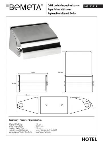Держатель для туалетной бумаги Bemeta Hotel с крышкой нержавеющая сталь хром 105112315 Нержавеющая сталь - фото 2