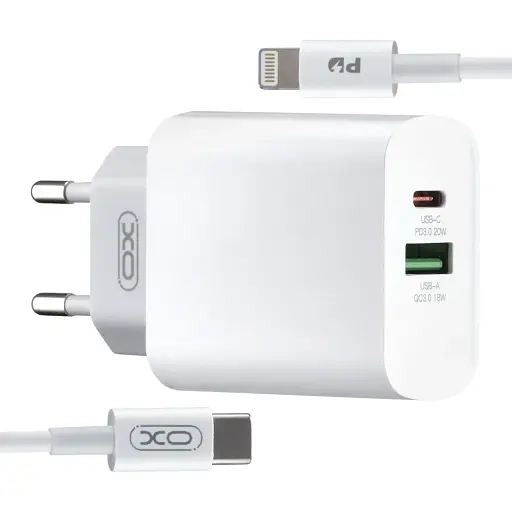 Блок и кабель - набор комплект XO L64 18W FAST EU QC3.0 + PD FAST charger with apple PD fast cable ( NB113 ) Белый - фото 1