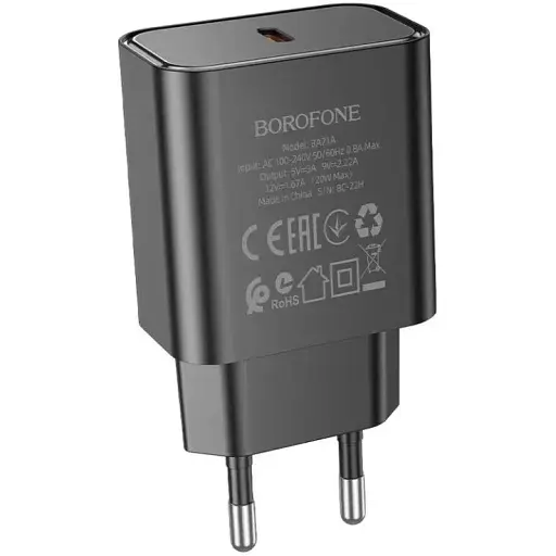 Мережевий зарядний пристрій Borofone BA71A Power single Port PD20W charger чорний - фото 1