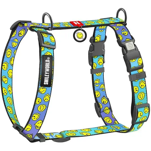 Шлея для собак Waudog Nylon анатомічна H-подібна з QR-паспортом, малюнок "Смайли на блакитному", пластиковий фастекс, XL