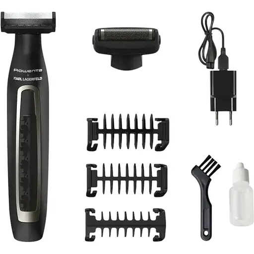 Триммер Rowenta Karl Lagerfeld Forever Sharp, для бороды, усов, акум., роторный мотор, насадок-4, титан.напил., черный