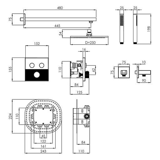 Душова система прихованого монтажу з термостатом Imprese Deira верхній душ латунь d250 мм, лійка стик 1 режим латунь шампань ZMK1124090480, Золотий - фото 2