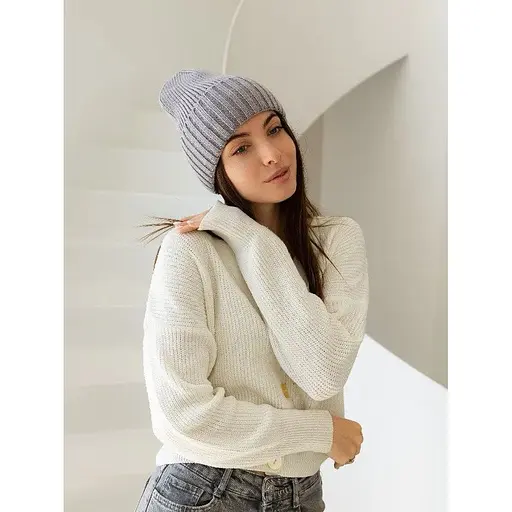 Женская вязаная шапка бини класик 20% шерсть с отворотом Серый - фото 1