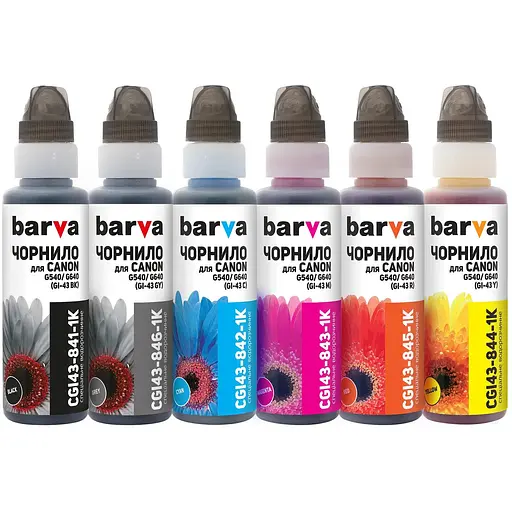 Комплект чорнил Barva Canon GI-43 для G540, G640, Black/Cyan/Grey/Magenta/Red/Yellow, 6x100 мл, водорозчинні, флакони OneKey (CGI43-1K-MP)