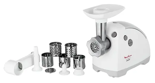 Moulinex М'ясорубка, 2000Вт, 2.6кг/хв, 3 решітки, насадка для ковбас, кеббе, 5 терок, пластик, біло-сірий - фото 2