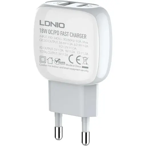 Комплект блока и кабеля LDNIO Type-C to Lightning Cable A2313C 1USB и 1Type-C белый - фото 1