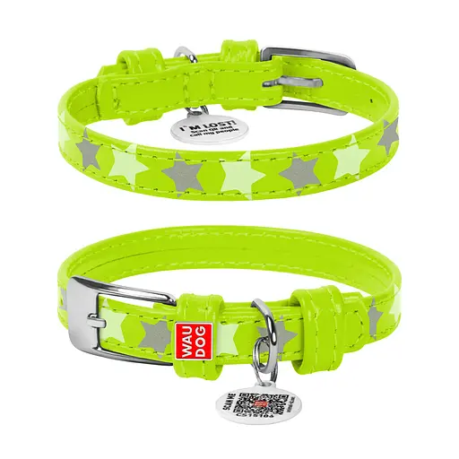 Ошейник для собак кожаный Waudog Glamour с QR-паспортом узор "Звездочка" светонакопительный/светоотражающий XS Ш 12