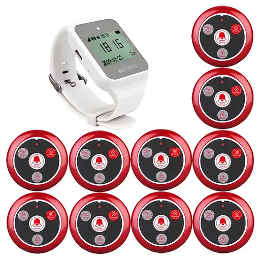 Система вызова официанта беспроводная с часами - пейджером Retekess TD108 + 10 красных кнопок (с кнопкой ЗАКАЗ) (100739)