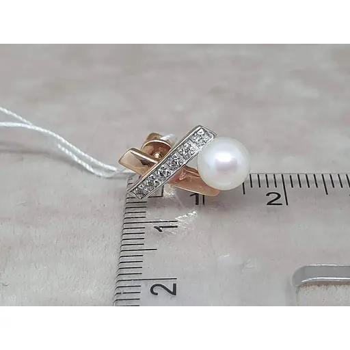 Золоті сережки-пуссети ЮЗ "Багет" з діамантами і перлами. 2353 - фото 4