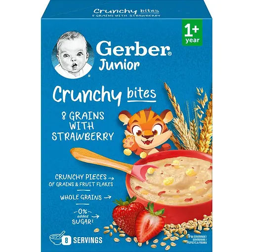 Дитяча каша суха швидкорозчинна Gerber Мультизлакова з хрусткими пластівцями та шматочками полуниці від 1 року 200 г