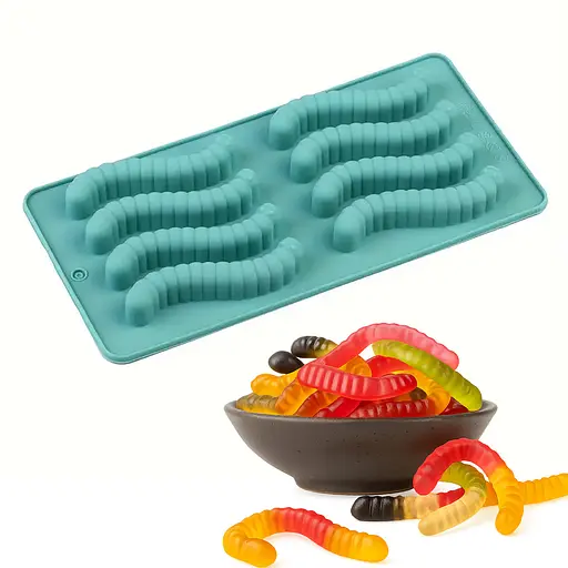 Силиконовая форма для приготовления жевательного мармелада в виде червячков на 6 червяков, Kitchen Master Бирюзовый 87326 - фото 1