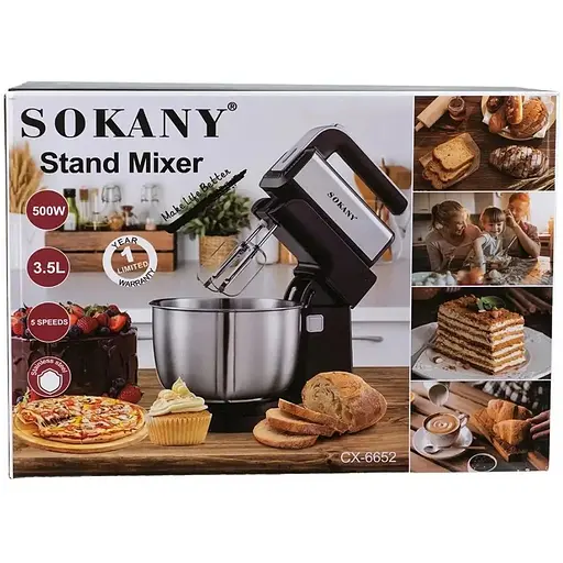 Стаціонарний міксер Sokany CX-6652 з насадками для тесту 5 швидкостей 500Вт Чорний - фото 6