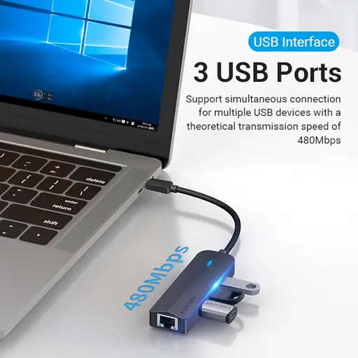 Хаб Vention USB-C to USB 3.0*3/RJ45/Micro-B HUB 0.15M Black ABS Type - фото 6