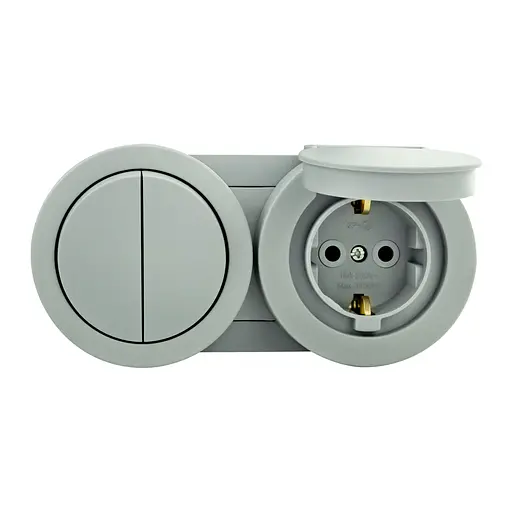 Розетка Ovivo Electric xOne з заземленням та кришкою + вимикач 2-й сірий - фото 1