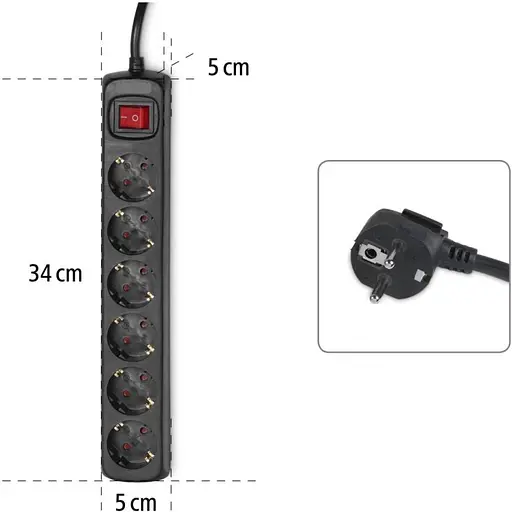 Фільтр-подовжувач HAMA мережевий 6хТип F 3х1.5 мм2, 16 А 5 м чорний - фото 4