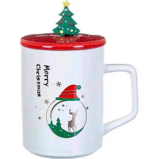 Кружка R33367-2 Новорічний калейдоскоп кераміка з кришкою і ложкою 360 мл Біла - фото 1