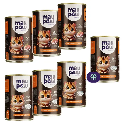 Набор влажного корма для взрослых кошек MAU PAW кусочки в соусе 2.905 кг (6 шт. + 1 шт. подарок х 415 г)