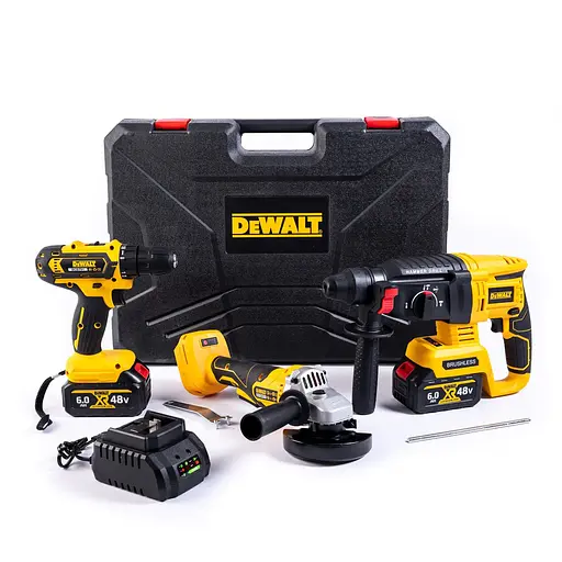 Набор аккумуляторный DeWalt 3 в 1 шуруповерт перфоратор болгарка в кейсе с 2 аккумуляторами 48 Вт Черный с желтым - фото 2
