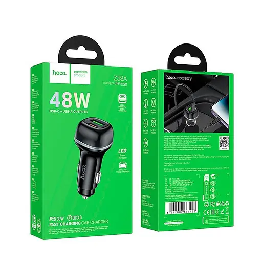 Адаптер автомобильный Hoco Rank dual port Car charger Z58A 1USB/1Type-C, 48W/3A, PD30W/QC| - фото 2
