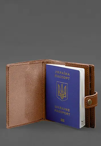 Кожаная обложка-портмоне на паспорт с гербом Украины 25.1 Светло-коричневая - фото 3