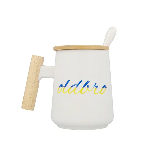 Кухоль керамічний OldBro Ukraine з дерев'яною ручкою кришкою та ложкою 480 мл white - фото 2