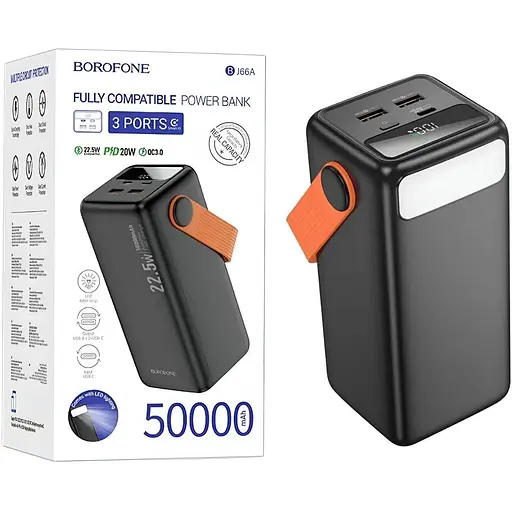Power Bank Borofone BJ66A 50000mAh, Type-C/2xUSB-A, 22.5W + PD20W з LED-дисплеєм та ліхтариком, чорний - фото 4
