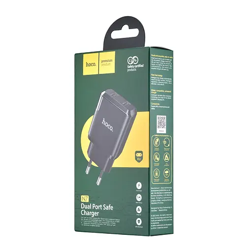 Мережевий зарядний пристрій Hoco N7 Speedy dual port charger ( EU ) Чорний - фото 2