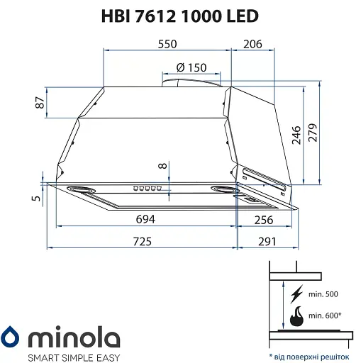 Витяжка повновбудована Minola HBI 7612 I 1000 LED - фото 10