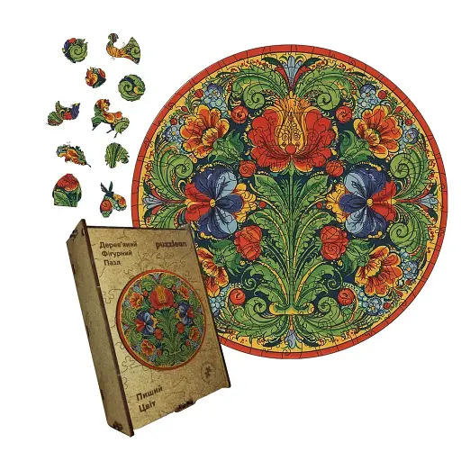 Дерев'яний фігурний пазл Декоративний Розпис Пишний Цвіт, А5, Дерев'яна коробка 35 елементів