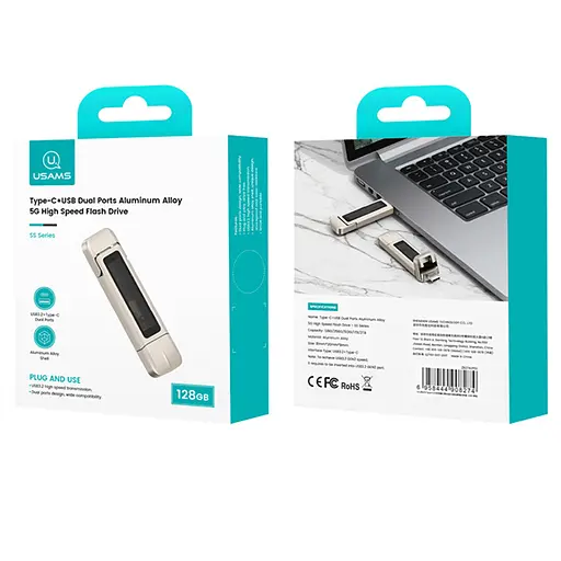 Флеш-накопитель Usams US-ZB274 2in1 USB 3.2 + Type-C GEN1 Dual Ports Aluminum Alloy 5G – 128GB Silver - фото 3
