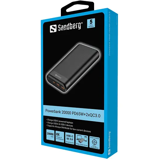 УМБ Sandberg 20000mAh 65W 3A PD, QC3.0 Always-ON-Mode USB 2хType-C OUT кабель 100W 0.5m - фото 4