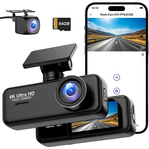 Відеореєстратор спереду та ззаду 4K+1080P з WiFi та додатком, подвійна автомобільна камера, карта на 64 ГБ у комплекті
