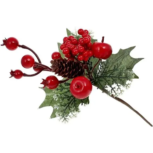 Ветка для декора 22 см Искусственные материалы для декора и флористики с ягодами и шишками Красный - фото 1