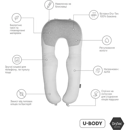 Подушка Sonex U-Body для беременных и отдыха П-образная антиаллергенная 135x68x25 серая (SO102577) - фото 3