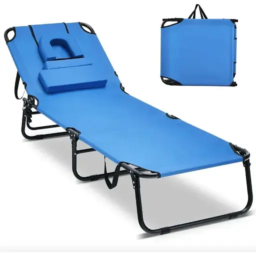 Шезлонг Costway Hanna розкладний з отвором для обличчя блакитний - фото 4