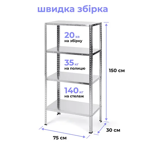 Стеллаж металлический МИА-111, 4 полки цинк 150х75х30 см  - фото 2
