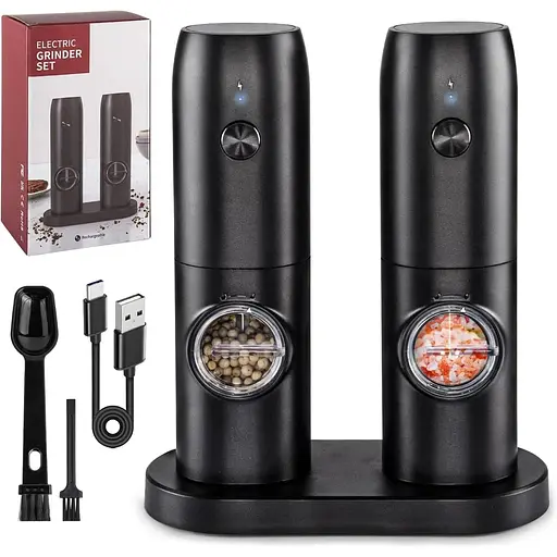 Virklyee USB Charging Pepper Mills Электрические мельницы для соли и перца Набор из 2 регулируемых шероховатостей со светодиодным