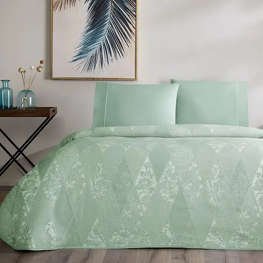 Постельное белье с жаккардовым покрывалом-пике Flava Green / простыня на резинке Tac pbe0051422 - фото 1