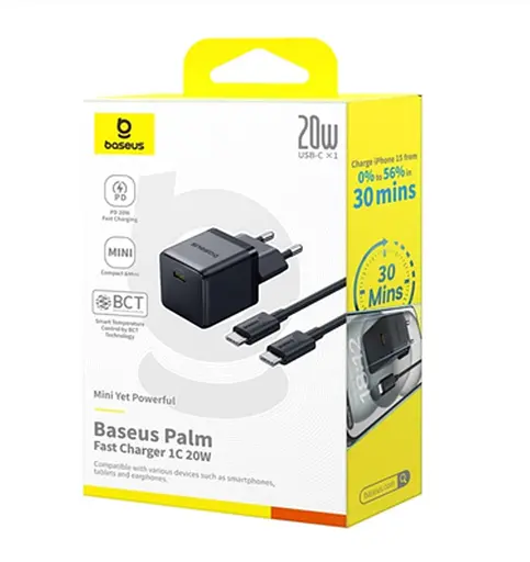 Сетевой адаптер Baseus Palm Fast Charger 1C 20 W + Cable Type-C to Type-C P10111602113-01 Черный - фото 3