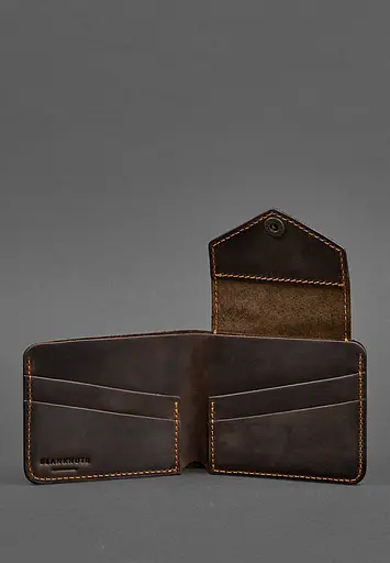 Кожаное портмоне 4.2 на кнопке темно-коричневое с оранжевой нитью - фото 4