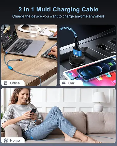 Кабель для багаторазової зарядки 2-в-1 для iPhone та Android, 4-футовий плетений нейлоновий USB-кабель для зарядки з портом типу C - фото 3